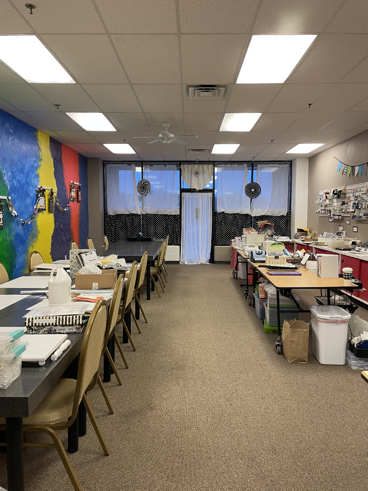 Workshop room with craft tables and supplies